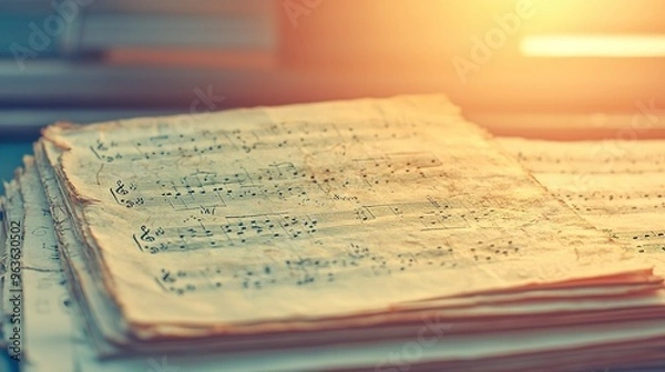 Obraz   A stack of sheet music notes sits on a wooden table beside a keyboard and laptop computer