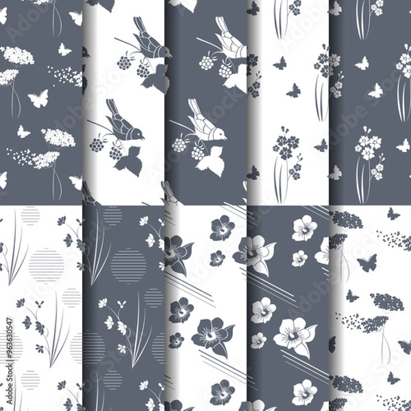 Fototapeta A collection of floral and bird patterns in a monochromatic palette for design purposes.