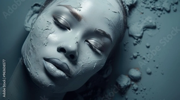 Fototapeta A woman's face is covered in a gray, textured substance, creating a striking and abstract portrait.