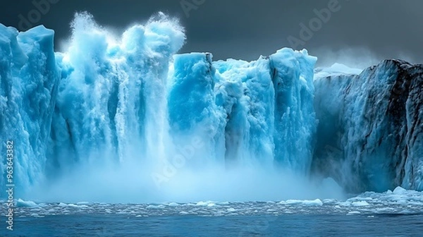 Fototapeta A collapsing glacier pouring into the ocean, visually depicting the rapid meltdown happening in polar regions due to unchecked global warming and its devastating impacts.