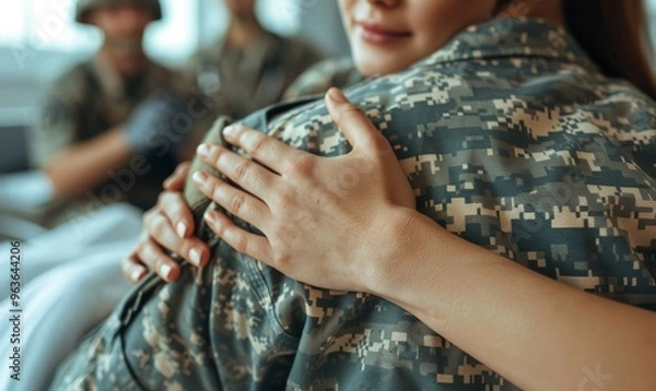 Fototapeta Emotional reunion between a soldier and a loved one in a military hospital room, capturing the warmth and support during a challenging time