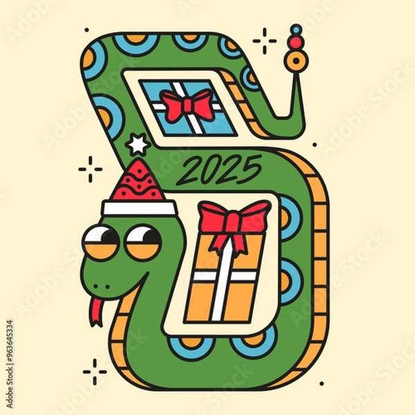 Fototapeta Happy new year and merry christmas 2025 greeting card with cute snake hugging the gifts. Trendy isolated illustration for print. Holiday season poster.