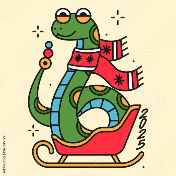 Fototapeta Happy new year and merry christmas 2025 greeting card with cute snake hugging the gifts. Trendy isolated illustration for print. Holiday season poster.