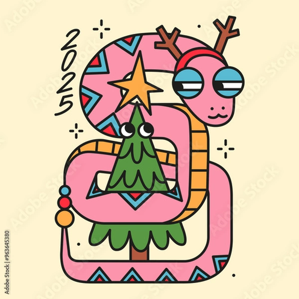 Fototapeta Happy new year and merry christmas 2025 greeting card with cute snake hugging the fir tree. Trendy isolated illustration for print. Holiday season poster.