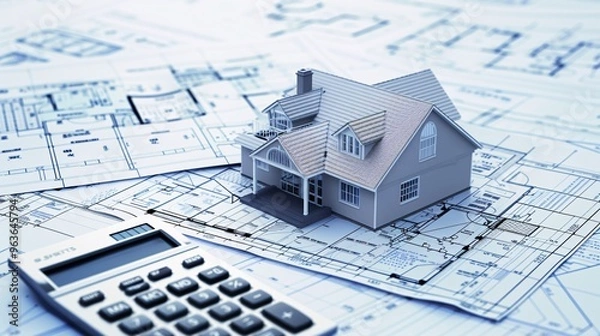 Obraz House Model on Blueprint with Calculator
