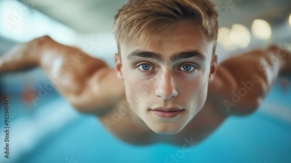 Fototapeta A male gymnast performing a pommel horse routine, showcasing perfect balance while swinging his legs around the apparatus in a blurred gym background