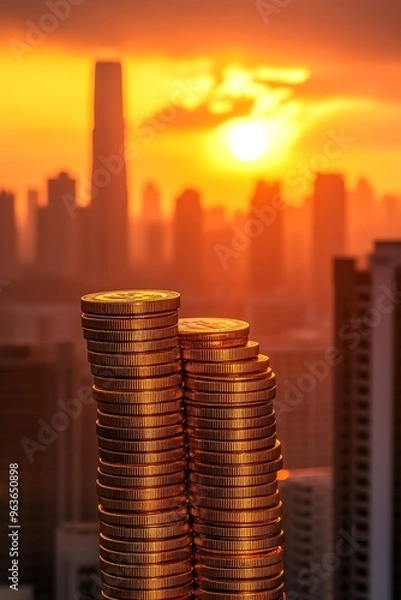 Fototapeta Wealth and Potential: A Futuristic SkylineGrowing Gold Coins at Sunset