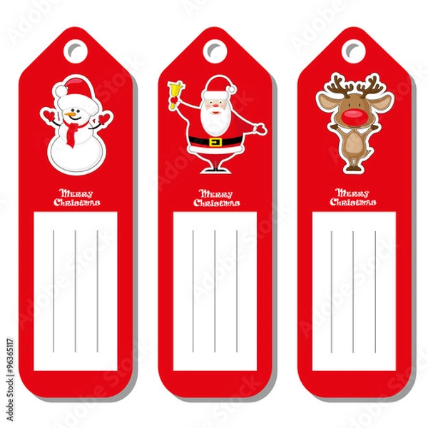Fototapeta Set vectors pattern for label Christmas type with figurines Santa Claus, deer and snowman isolated on white background