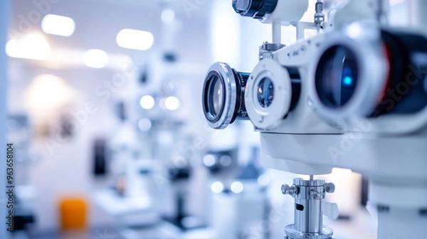 Fototapeta "Close-up of a fragment of an ophthalmic laser system in an eye surgery clinic, with selective focus."