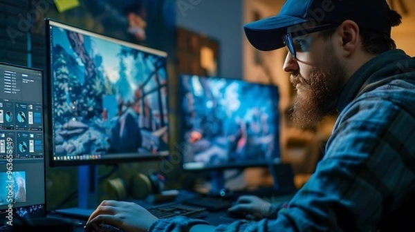 Obraz A video game designer working on 3D graphics on a computer