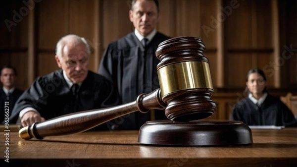 Obraz A courtroom scene featuring judges in robes, with a large gavel prominently placed on the desk, symbolizing justice, law, and authority.
