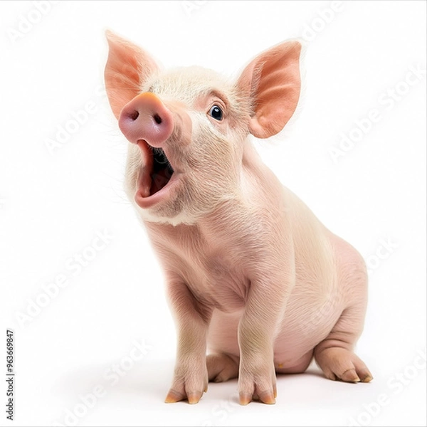 Obraz Piglet with wide open mouth on isolated white background. Big discounts, surprise, news, raffle concept. Generated AI