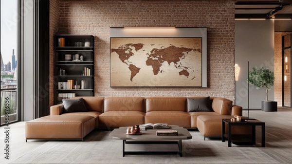 Fototapeta illustration of brown leather sofa in a living room with world map as wall image