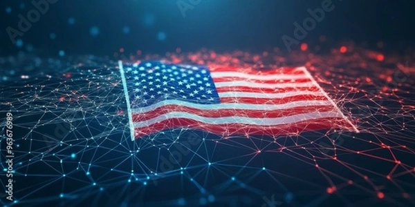 Fototapeta An abstract representation of the American flag pulsates with charm through glowing particles, celebrating national pride with vibrant colors and dynamic motion for a captivating visual experience