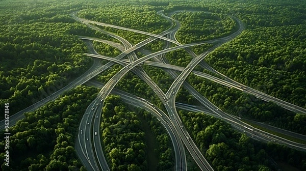 Obraz View from above of a vast network of highways crisscrossing forests, representing the fragmentation of habitats by human infrastructure.