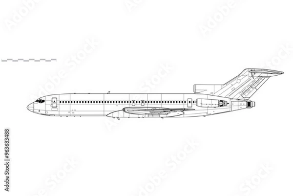 Fototapeta Boeing 727-200. Vector drawing of narrow-body mid-range passenger jet airliner. Side view. Image for illustration and infographics.