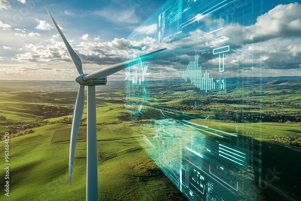 Fototapeta Wind turbine in a green landscape with digital data overlay, illustrating advanced renewable energy technology and smart grid integration