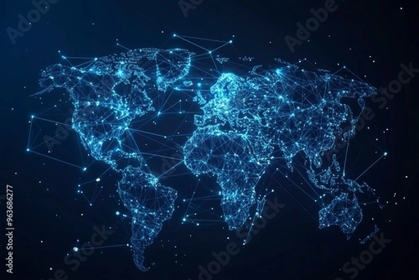Fototapeta Global network connection. World map point and line composition concept of global business. Vector Illustration.generative ai
