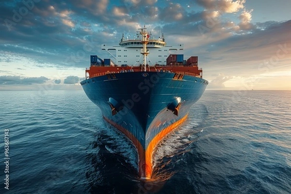 Fototapeta Large blue cargo ship at sea  front view of import and export operations under a beautiful sky