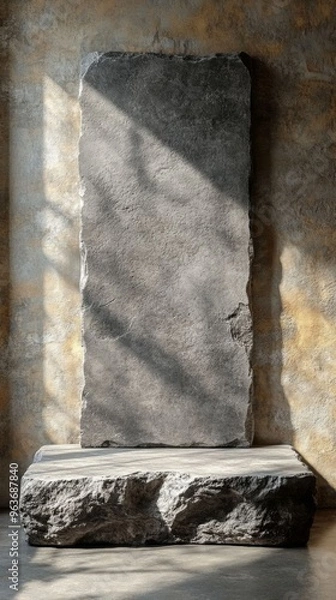 Fototapeta An empty concrete podium in a modern interior, showcasing a gray slab, illuminated by soft natural light.