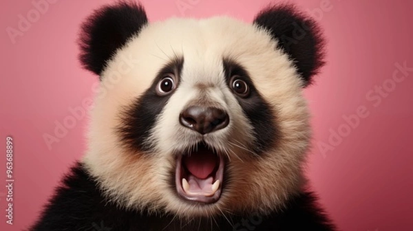 Obraz Zszokowana panda z dużymi oczami odizolowanymi na różowym tle, zabawnym zwierzęcym wyrazem, uroczą i zaskoczoną twarzą