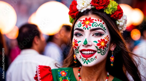 Obraz Portrait of a young woman with traditional Cinco de Mayo face paint featuring colorful floral patterns. Festive Mexican dress and a flower crown, smiling joyfully against a softly blurred background