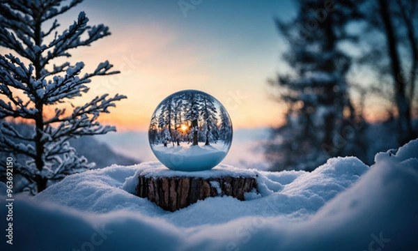 Fototapeta A glass ball is sitting on a log in the snow. The sun is setting in the background, casting a warm glow on the scene. Concept of tranquility and peacefulness, as the stillness of the snow