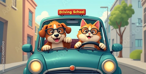 Fototapeta Funny driving school with smiling dog instructor and happy cat driver,. Cool characters. Creative, unusual illustration with animals.
