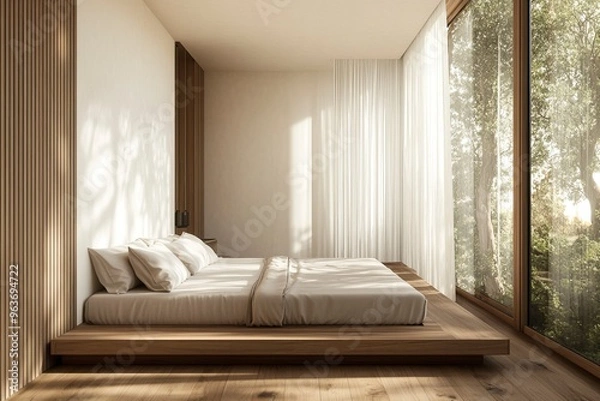 Fototapeta Minimalist bedroom featuring a wooden bed frame, large windows, and neutral decor. Modern interior design with hardwood floors. 3D Rendering generative ai