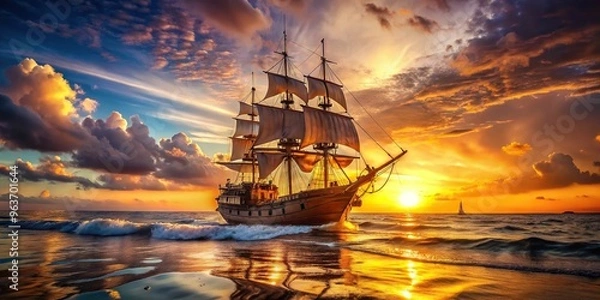 Fototapeta A whimsical depiction of a cartoon pirate ship sailing through crystal-clear waters, with the warm golden light of sunset casting a magical glow on the waves.