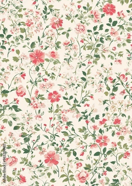 Fototapeta Pink and Green Floral Pattern Seamless Repeat Wallpaper Texture Background