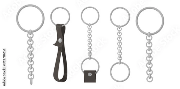 Fototapeta Collection Of Realistic Key Rings With Chain Vector Illustration.	
