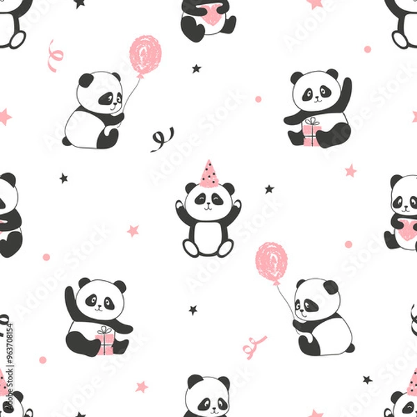 Fototapeta Cute panda bears seamless pattern. Vector birthday party illustration