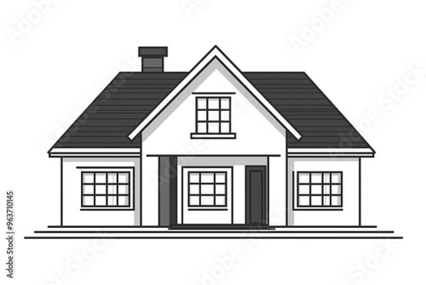 Fototapeta Simple black-and-white line art of a two-story residential house with a garage, front porch, and large windows.isolated on white background.
