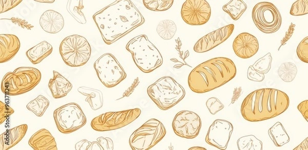 Fototapeta Seamless Pattern of Line Art Doodles Featuring Breads, Pastries, and Buns in Earthy Tones on White Background
