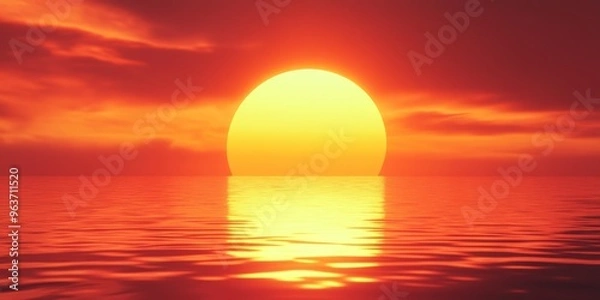 Fototapeta Fiery Sunset Over Tranquil Ocean Waters with Vibrant Red and Orange Reflections