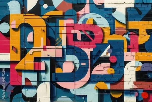 Fototapeta Vibrant abstract wall art in red, yellow, and black showcasing intricate designs and textures in an urban setting during daylight hours