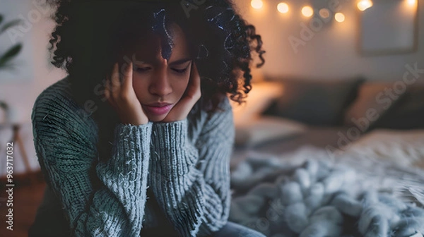 Obraz A woman looking out a rainy window with a pained expression, trapped in despair.