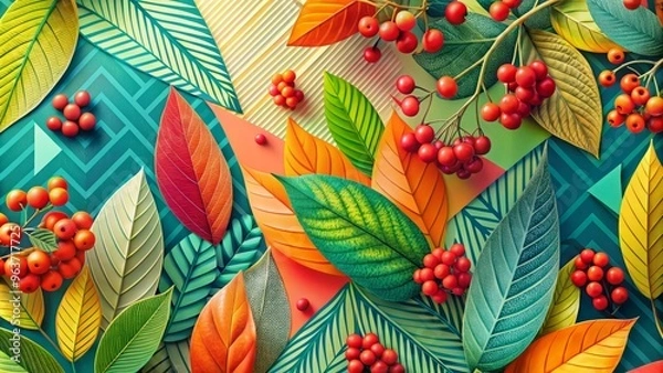 Fototapeta Vibrant, overlapping leaves and berries in shades of lime, coral, and turquoise, set against a bold, graphic background with geometric shapes and patterns.