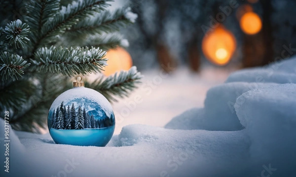 Fototapeta A blue Christmas ornament sits on a snowy ground. The ornament is surrounded by a winter landscape, with trees and a lake in the background. Concept of warmth and holiday cheer