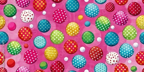 Fototapeta Whimsical polka dot design featuring deliberately mismatched and oversized dots, scattered across a vibrant, pink background, exuding playfulness and carefree spirit.