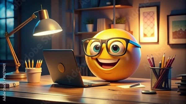 Fototapeta HD image of a bright, smiling nerd emoji sitting at a cluttered desk with scattered papers, pencils, and a laptop, illuminated by a single, delicate lamp.