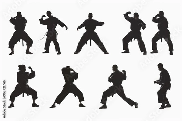 Fototapeta A series of silhouettes showing a man practicing karate poses, perfect for use in sports or action-themed illustrations