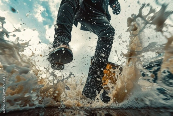 Fototapeta Action shot of a snowboarder in mid-air, jumping over a small puddle of water