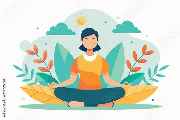 Fototapeta Woman meditating in lotus pose surrounded by leaves and a sunny sky. Concept of mindfulness, relaxation, and peace.