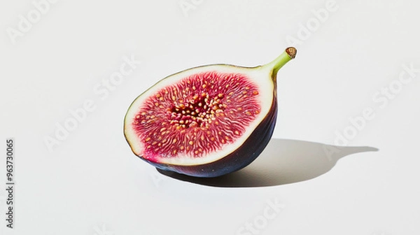 Fototapeta a single fig cut in half with a deep purple skin and pink flesh against an isolated white background