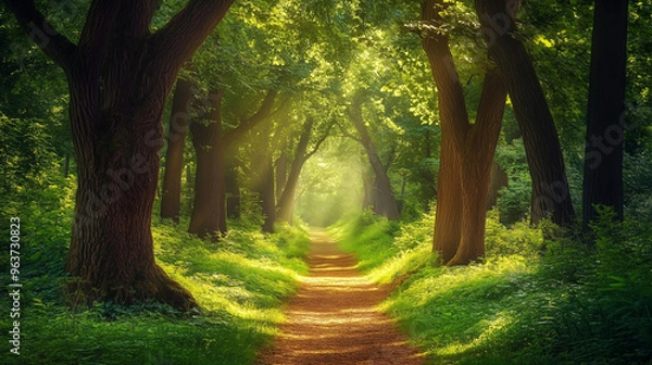 Fototapeta Tranquil Sunlit Forest Path with Lush Greenery – Calming Nature Scene with Soft Sun Rays and Vibrant Foliage