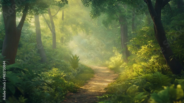 Fototapeta Serene Sunlit Forest Path - Lush Greenery and Calming Atmosphere for Nature Lovers