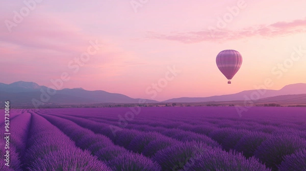 Fototapeta Endless Lavender Field with Hot Air Balloon | Minimalist Landscape Under Pink Sky