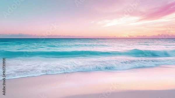 Obraz Serene Coastline at Sunset: Gentle Waves on Pale Sand with Pastel Gradient Sky - Soft Pinks, Purples, and Turquoise Water